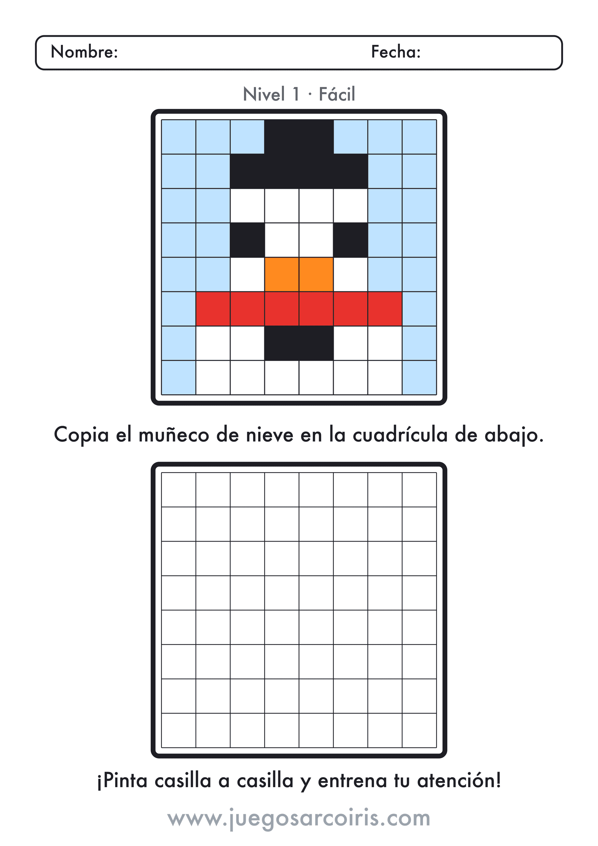 Dibujo en Cuadrícula de un Muñeco de Nieve (Fácil): ficha con el modelo arriba y la cuadrícula vacía abajo