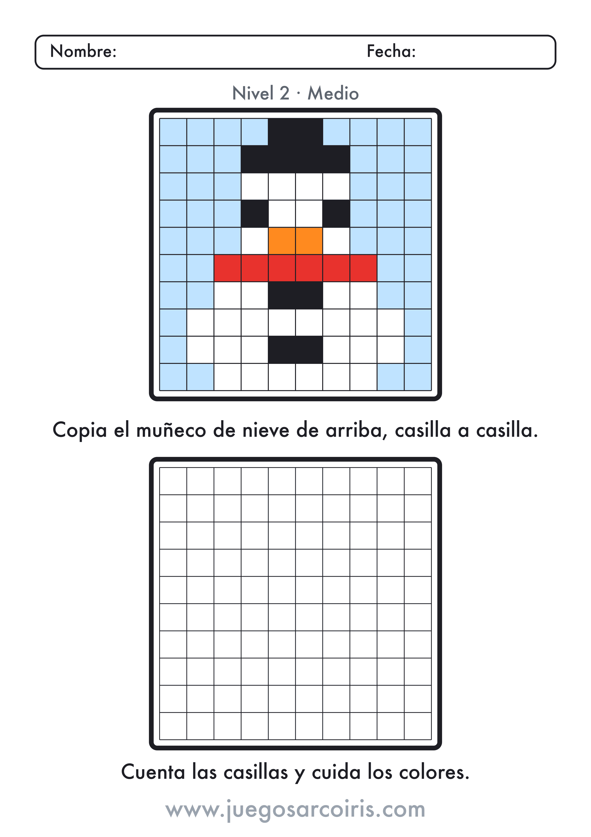 Dibujo en Cuadrícula de un Muñeco de Nieve (Medio): ficha con el modelo arriba y la cuadrícula vacía abajo